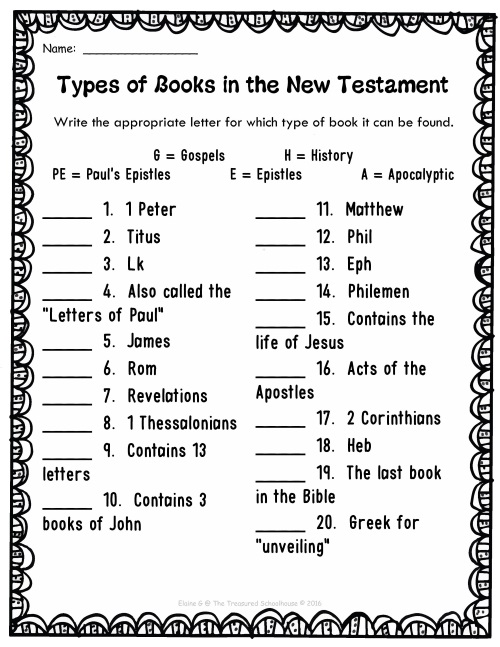 books of the bible activities sheets