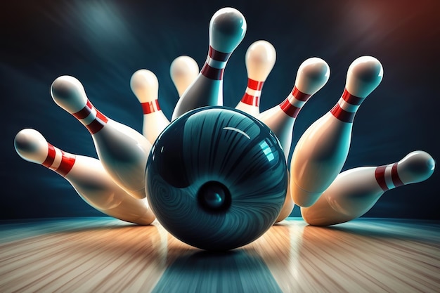 Bild von Bowling-Kugeln, die Pins treffen und einen Streik ...