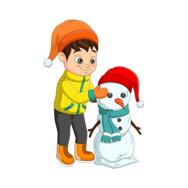 Premium Vector | Cute little boy building a snowman