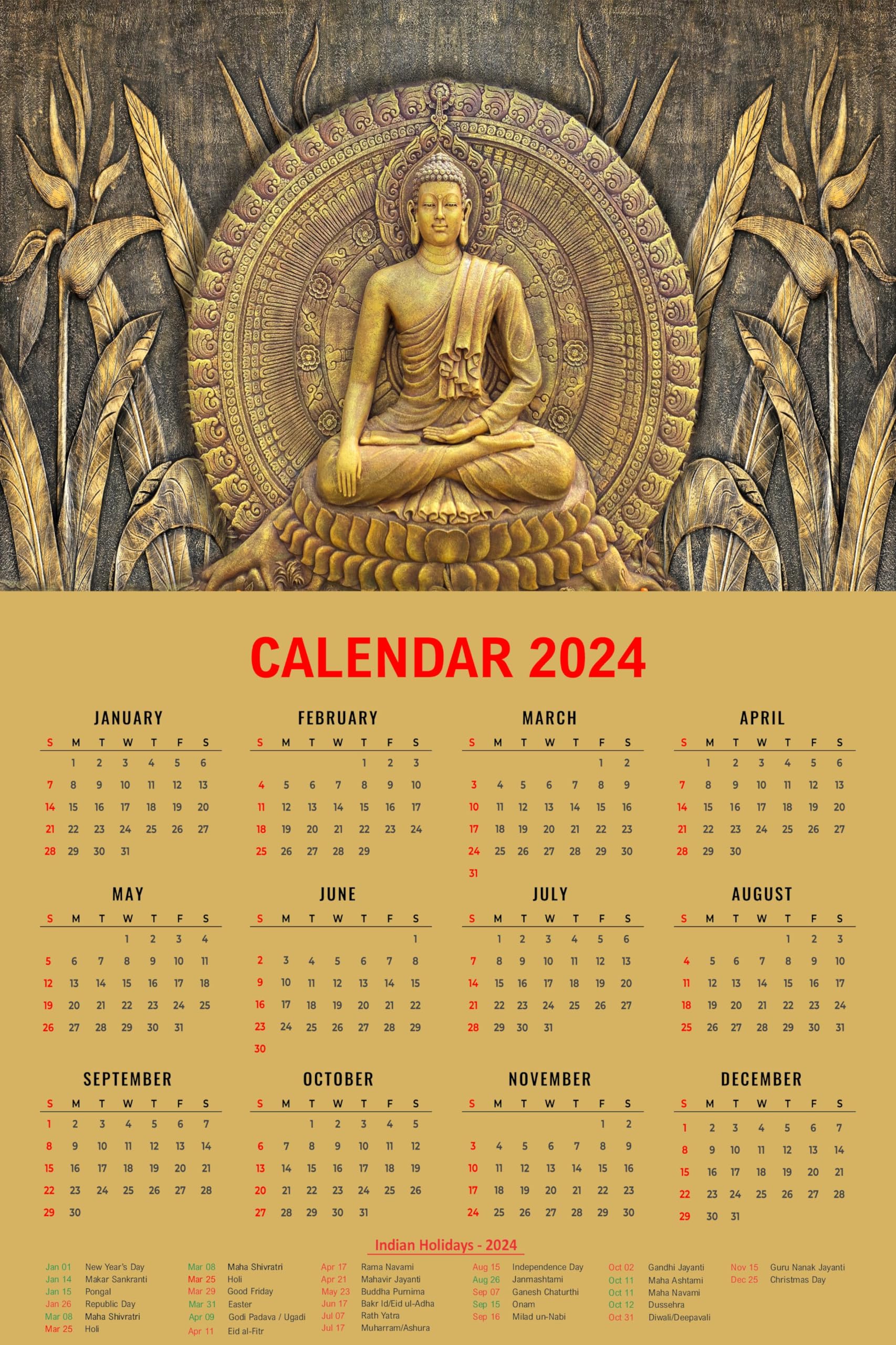 Imagine Printing Solution Buddha Pictures Wall Calendar 2024, 12 Months Jan  to December for Home, Office (Size: 36x24Inches) : Amazon.in: Office ...