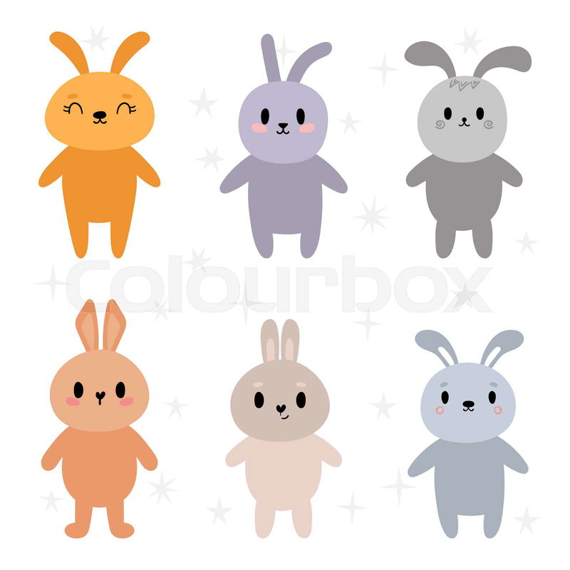 Set of cute kawaii rabbits. Little bunnies. Cartoon characte ...