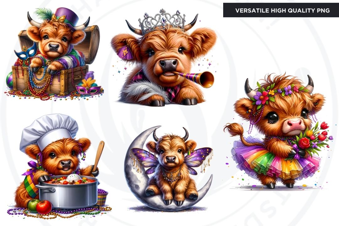 Mardi gras Highland Cow Clipart for crafts and sublimation