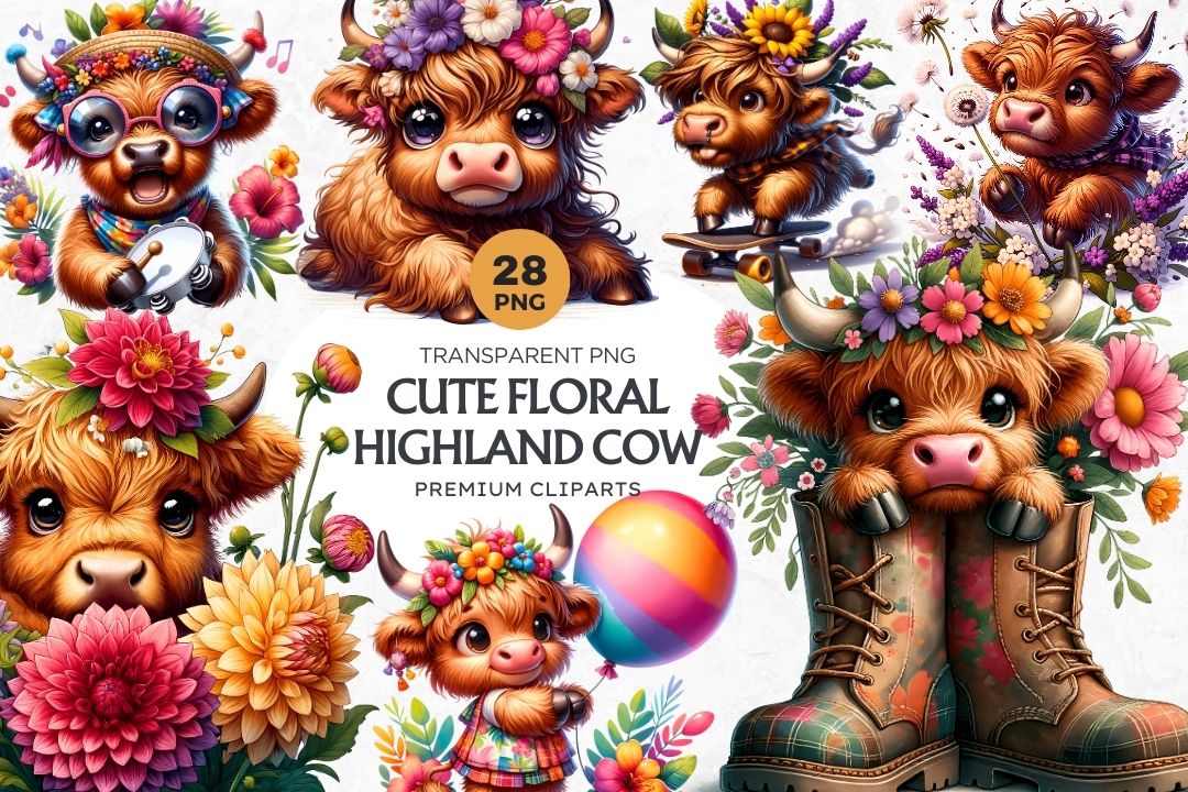 Watercolor Floral Baby Highland cow clipart Set for sublimation