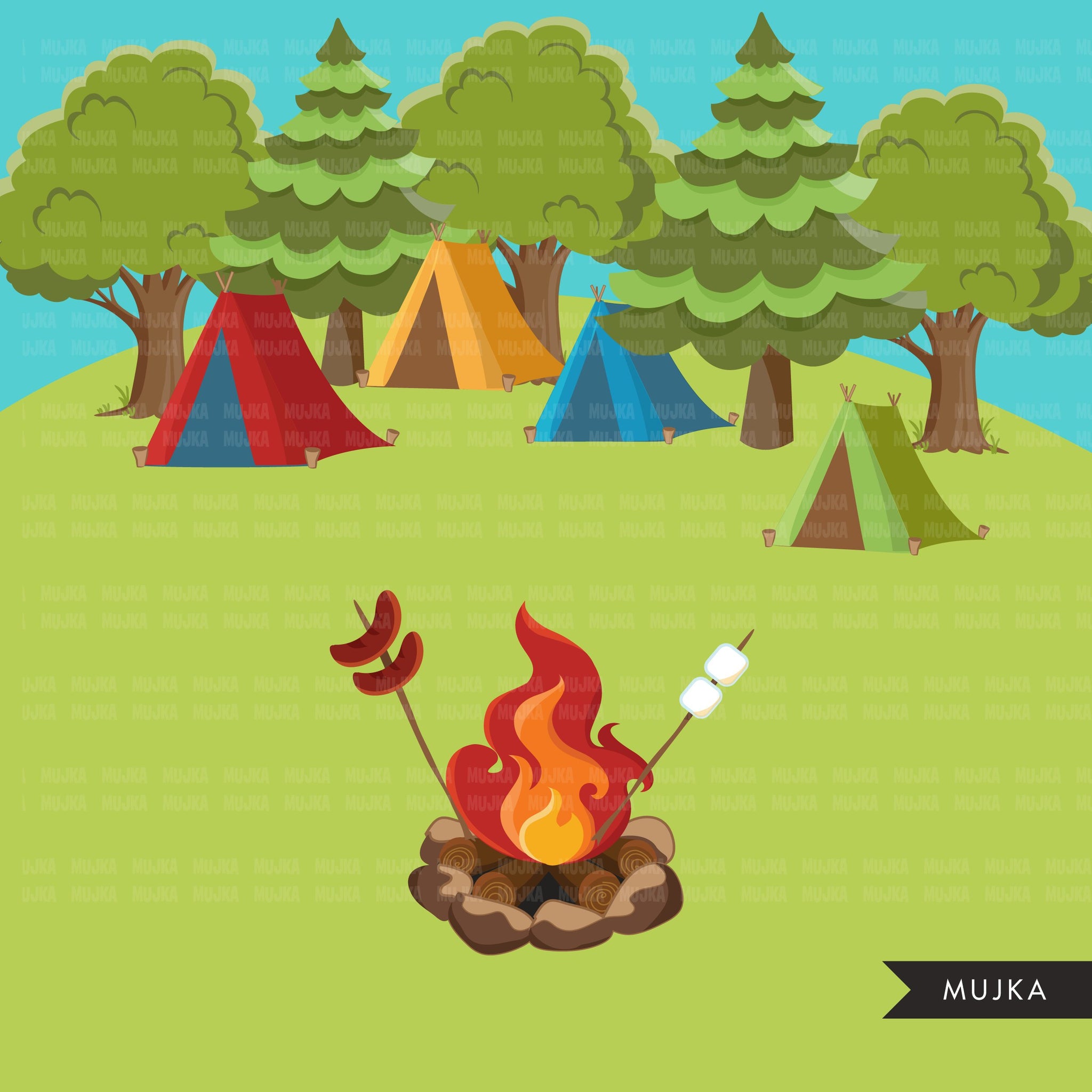 Scouts camping clipart, campground, campfire, tent, camper van ...