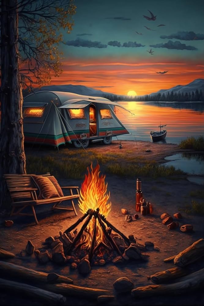 Campfire Camping Poster Wall Art Picture Canvas Vintage Canvas Wall Art  Painting Kitchen Dining Room Home Decor Artwork 16X24 Inch Framed