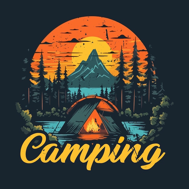 A graphic of a tent in front of a mountain and the words camping ...