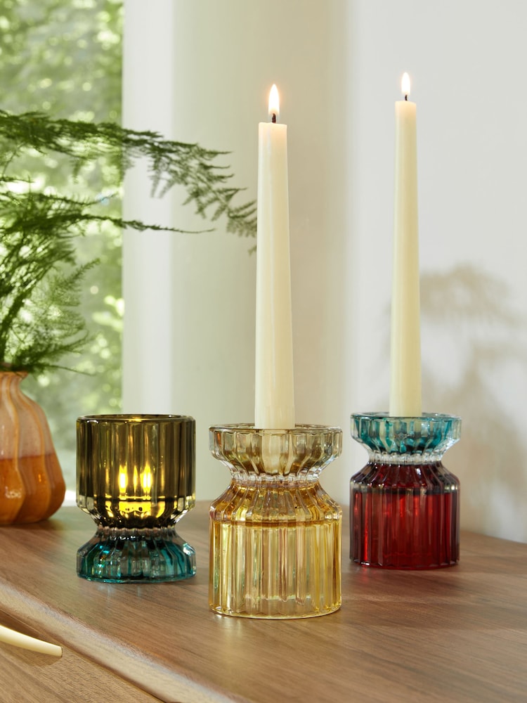 Set of 3 Multi Ribbed Glass Tealight and Taper Candle Holders