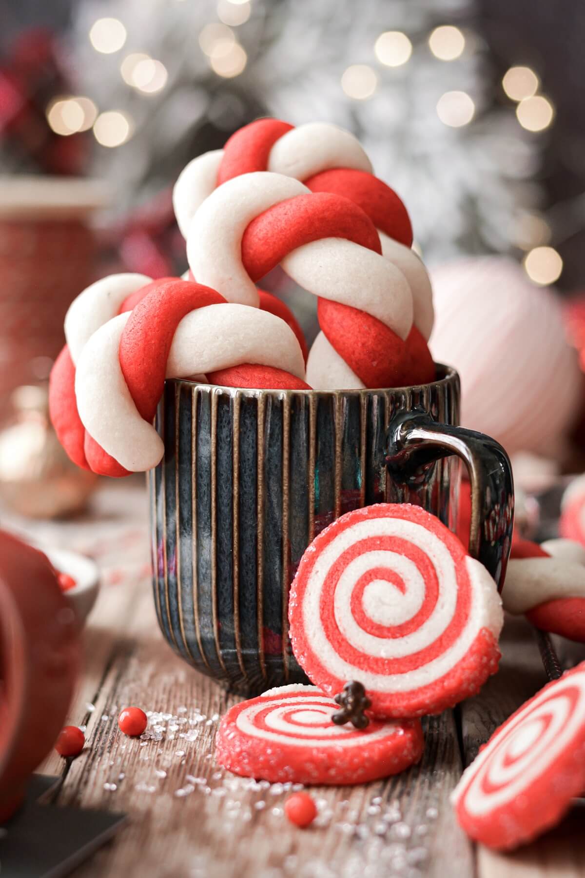 Red and White Candy Cane Cookies and Pinwheel Cookies