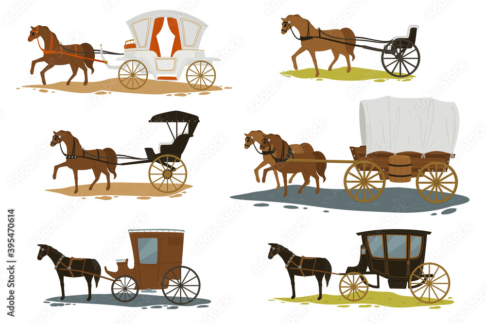 Horses with carriage, transport in past vector, Sonulkaster Foto ...
