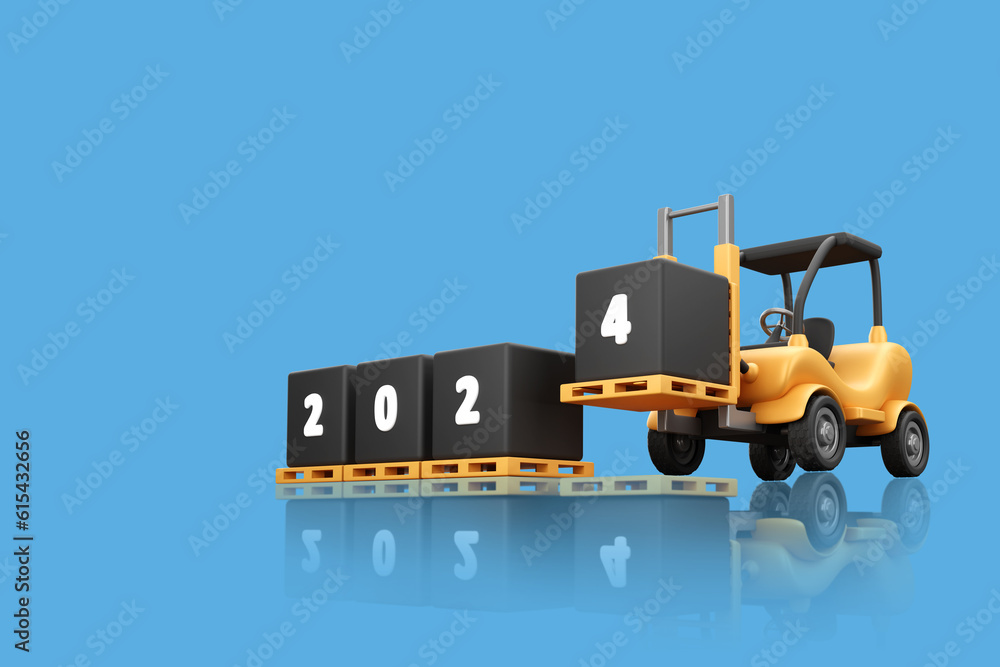 Concept of forklift stacking 2024 new year box. 3D Rendering, Budi ...