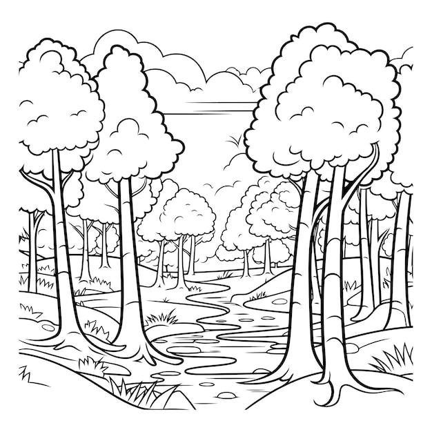 Black and White Cartoon Illustration of Forest Landscape for ...