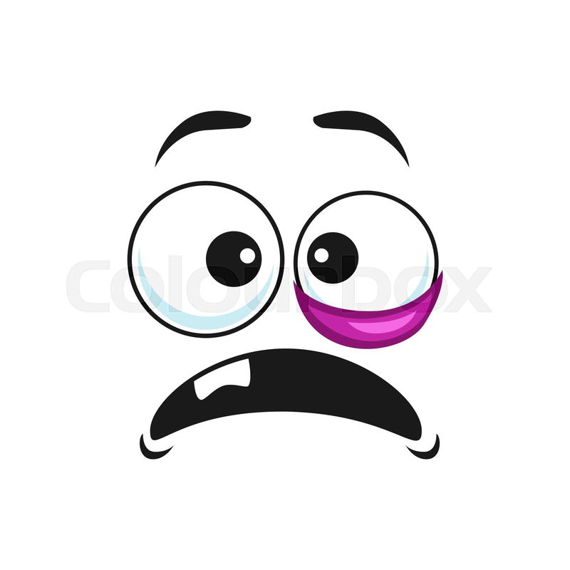 Cartoon funny face with goggle black eye, confused emoji, ve ...