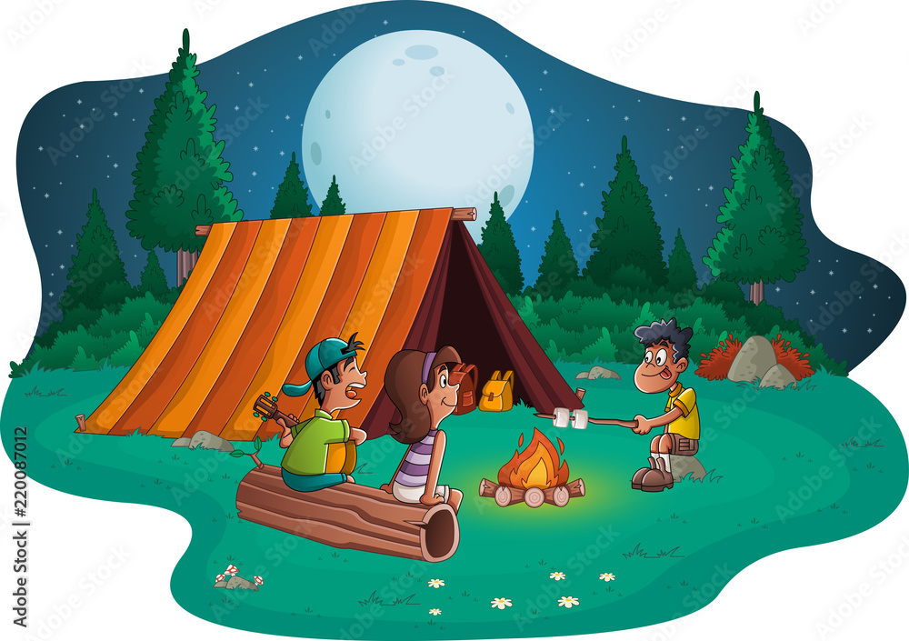 Group of cartoon children around a campfire. Camping with kids and ...
