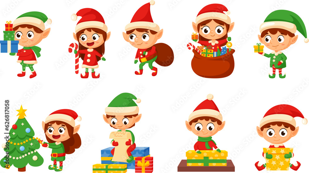 Poster, Wandbilder Cartoon santa elves characters, christmas elf with gifts  and xmas tree, 40x22.2 cm