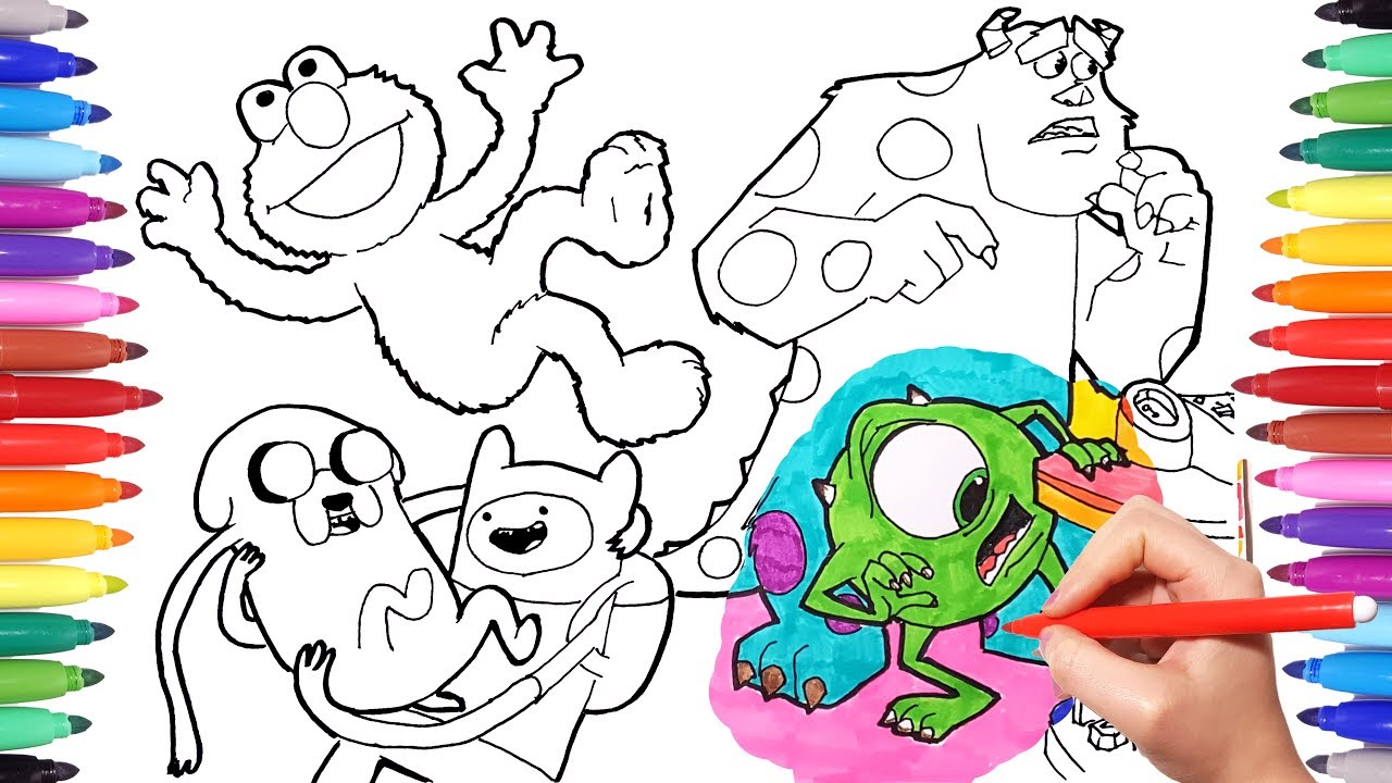 Cartoon Characters Coloring Book Page 1: Monster &amp; Co, Adventure Time and  Elmo