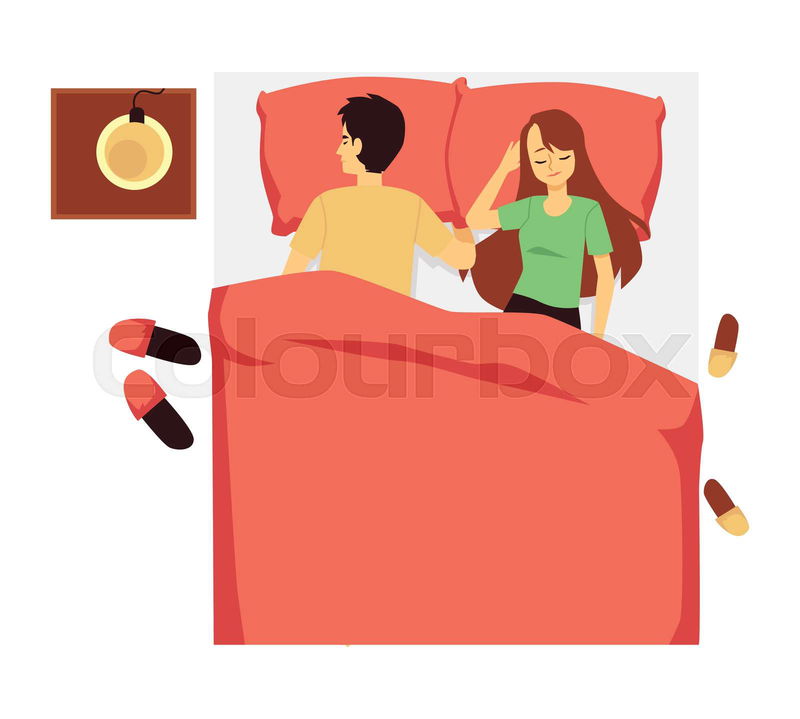 Cartoon couple sleeping in bed from top view - different sle ...
