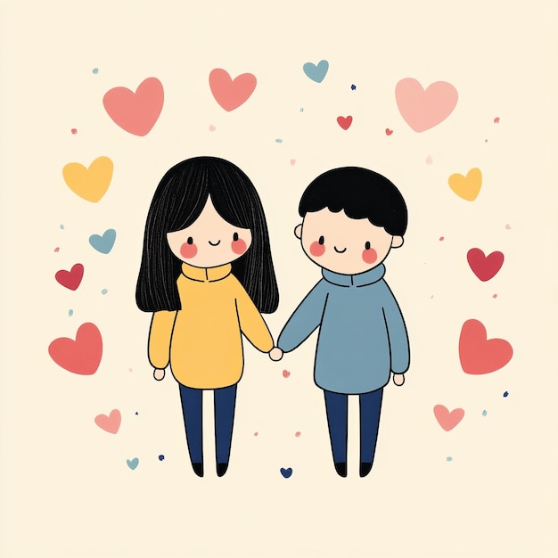Cute cartoon couple holding hands surrounded by hearts | Premium ...
