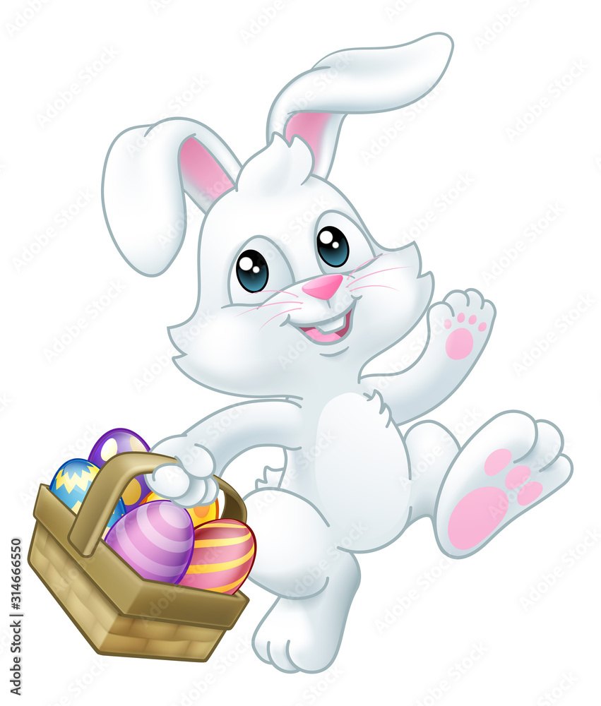 Easter bunny rabbit cartoon character holding a basket full of ...