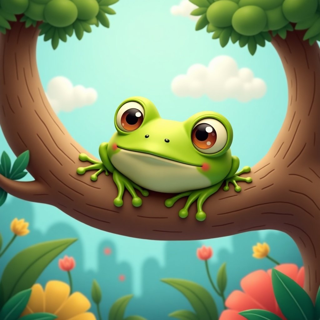 Colorful Cartoon Frog Relaxing on a Whimsical Tree Branch in a ...