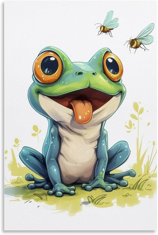 Adorable Green Baby Frog Canvas Painting Wall Art Cartoon Style Poster  Print Artwork Picture for Bedroom Room Decor 20x30inch(50x75cm)  Unframe-color