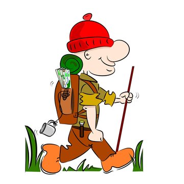 A cartoon hiker rambler going camping with rucksack and stick ...