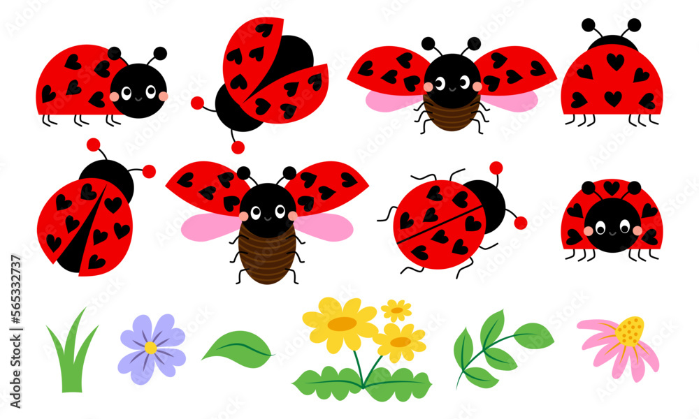 Poster, Wandbilder Cute cartoon ladybug collection with flowers and leaves,  red beetle with dots, 40x24 cm