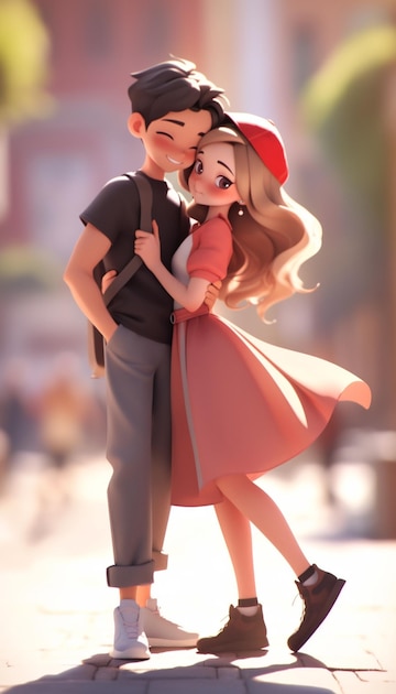 Cartoon couple in love hugging each other on a city street ...