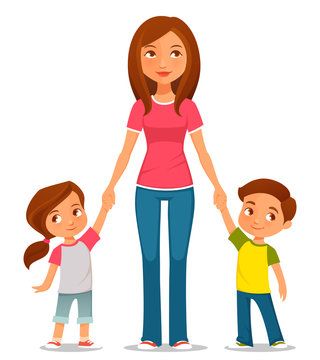 cute cartoon illustration of mother with two kids Stock ...