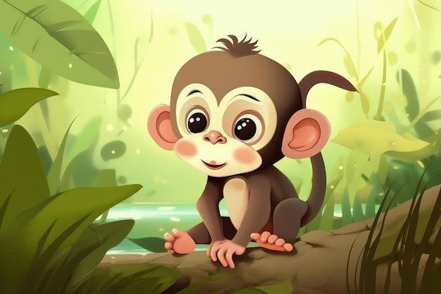 A cartoon monkey with big eyes sits on a log in a jungle ...
