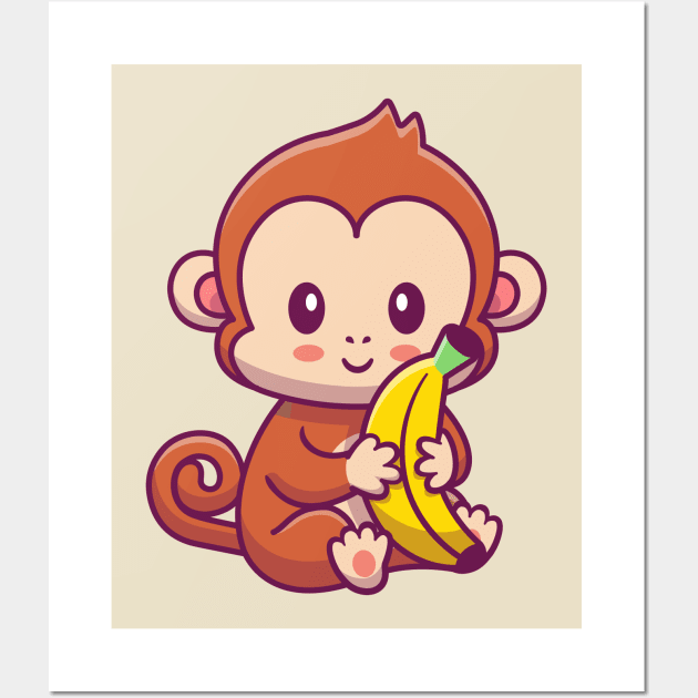 Cute Monkey Holding Banana Cartoon - Monkey - Posters and Art ...