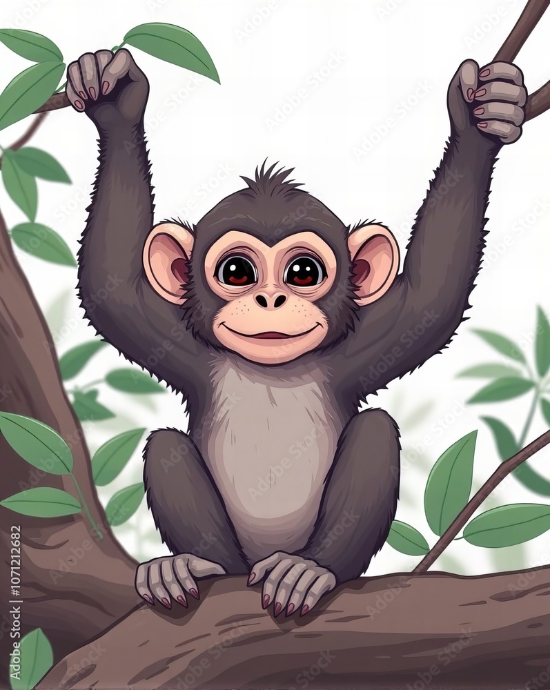 Poster, Wandbilder cartoon monkey sitting on a branch with its arms up.,  30x40 cm