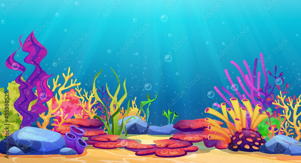 Corals and algae underwater world, sea bottom cartoon background ...