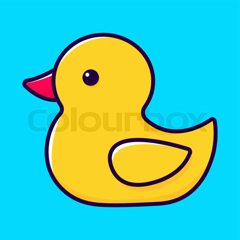Cute yellow rubber duck in cartoon style. Side view. Flat ve ...