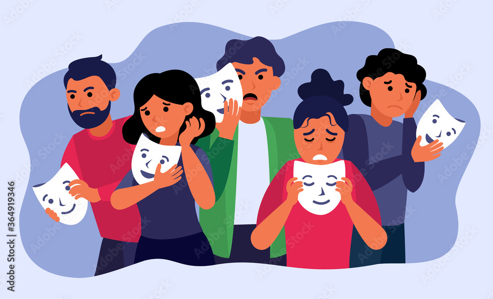 Depressed people holding face masks and hiding emotions isolated ...