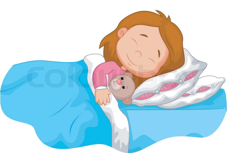 Vector illustration of Cartoon girl sleeping with stuffed be ...