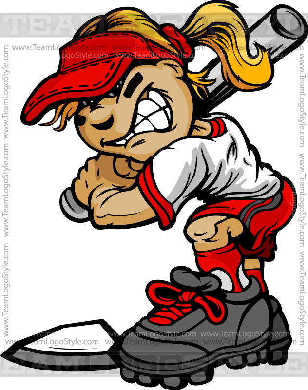 Softball Cartoon Girl - Vector Clipart Female Batter