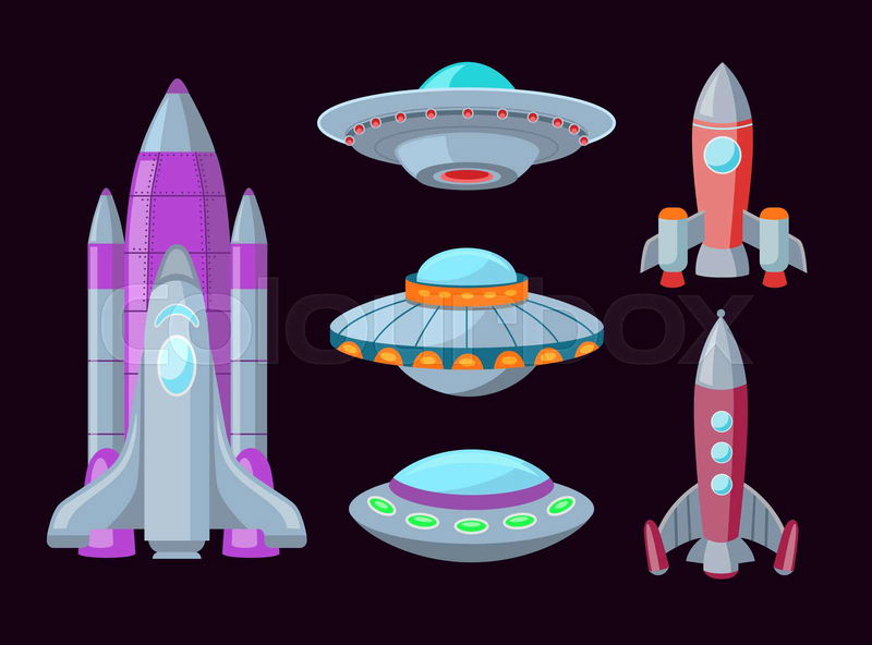 Spaceships cartoon illustration set. Isolated spacecrafts, u ...