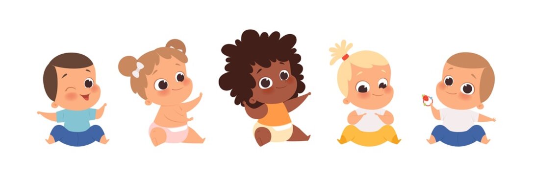 Baby group, multiethnic babies sitting. Isolated cartoon cute ...