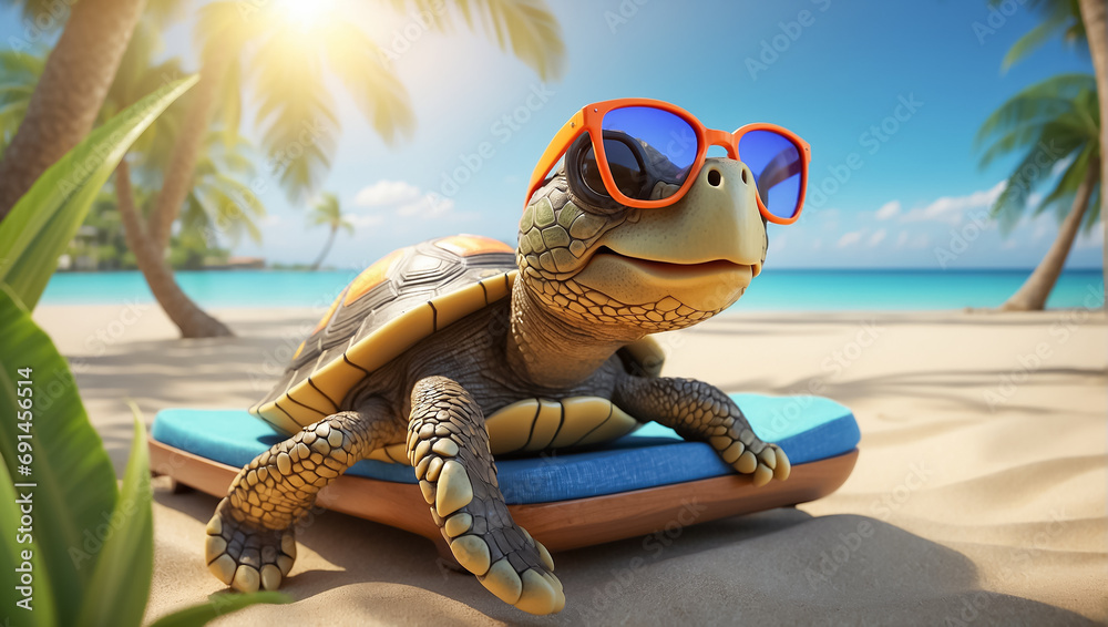 Poster, Wandbilder cute funny cartoon turtle on the beach wearing  sunglasses design, 40x22.2 cm