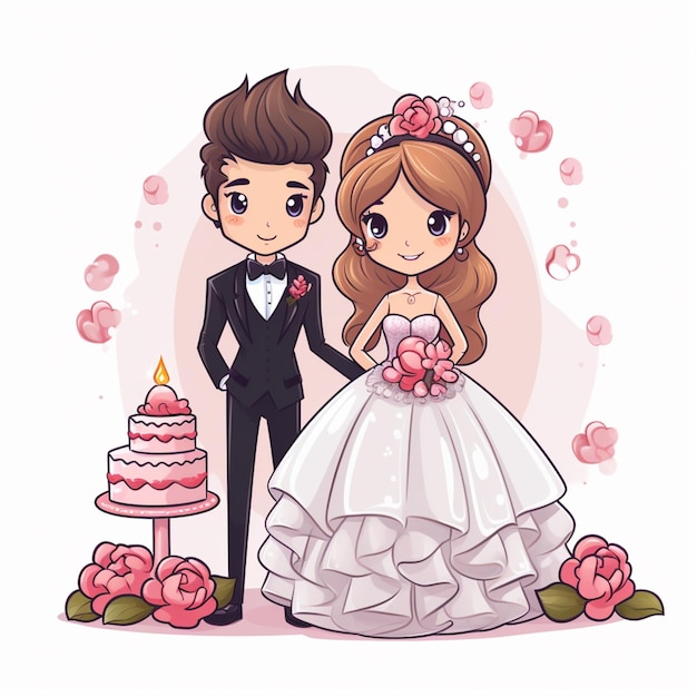 Cartoon wedding couple with cake and flowers generative ai ...