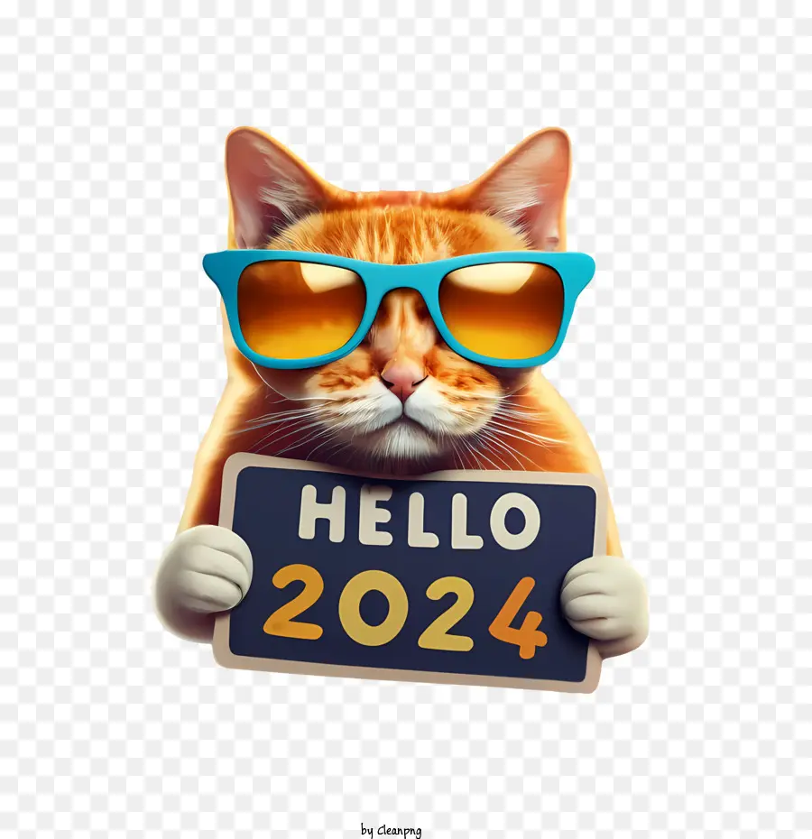 Happy New Year 2024 - Cat with Sunglasses Holding Hello 2024 Sign ...