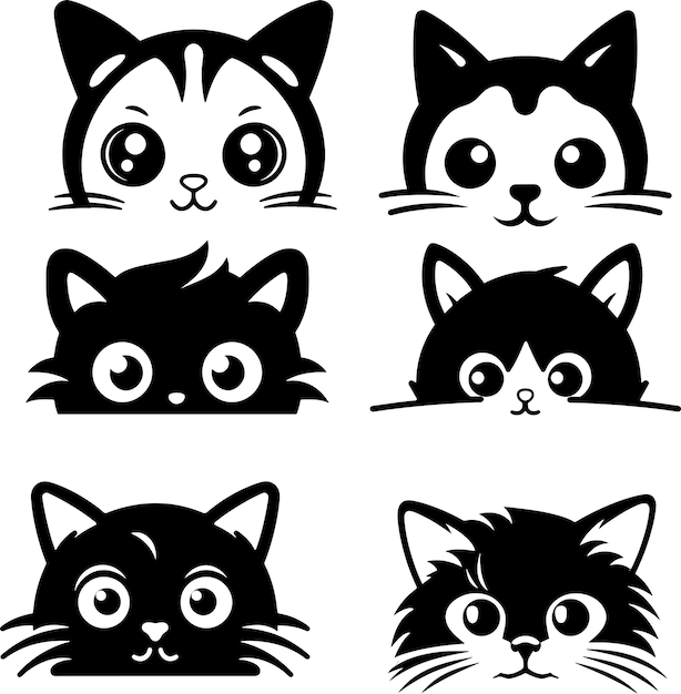 Cute peeking cat silhouette black and white sticker vector ...