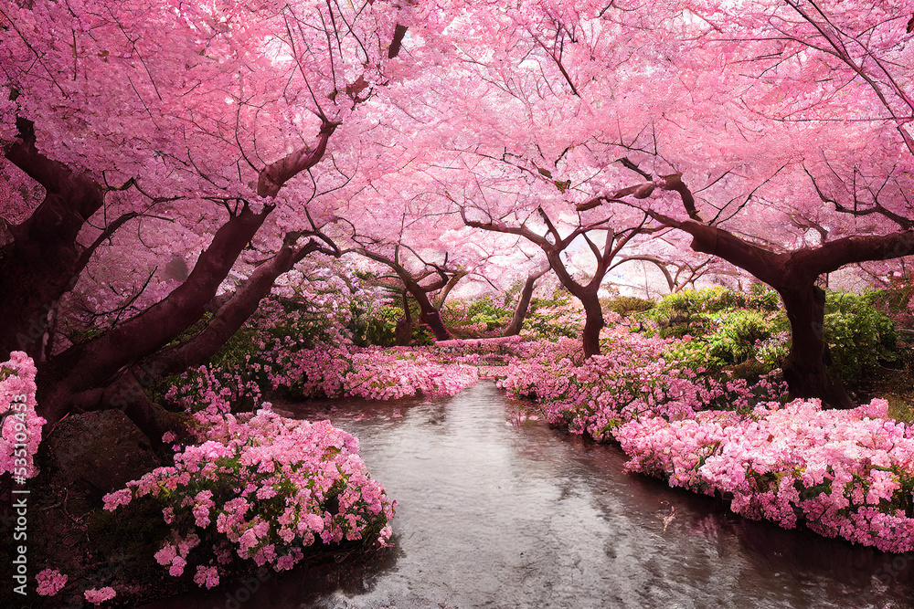Poster, Wandbilder Beautiful cherry blossom sakura garden, spring nature  background wallpaper, 40x26.7 cm