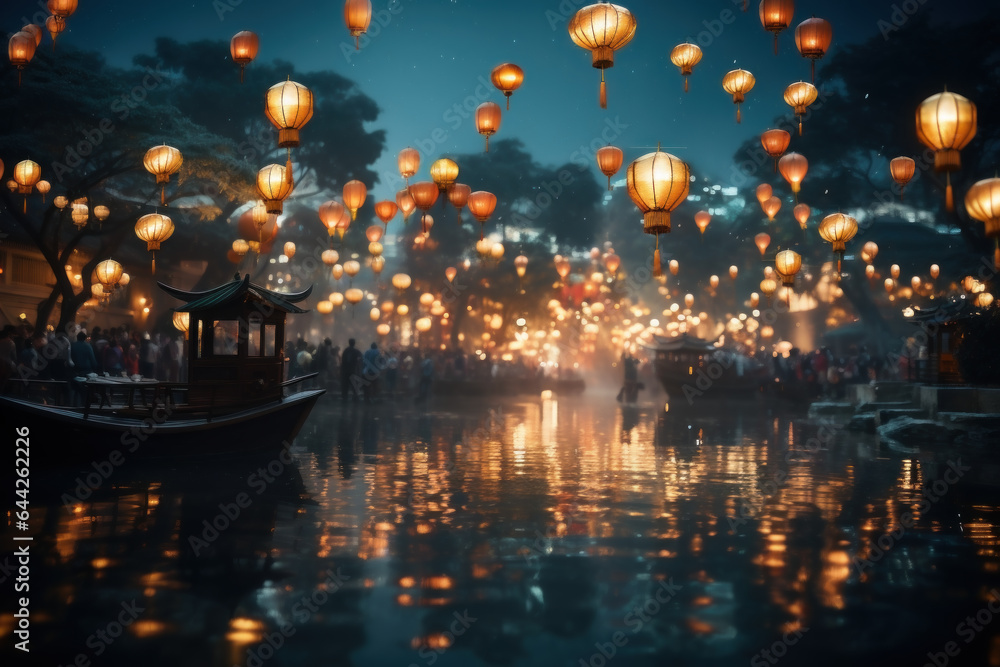Poster, Wandbilder Traditional Chinese lanterns lighting up the night sky  during a lantern festival, symbolizing the rich cultural heritage of China,  ...