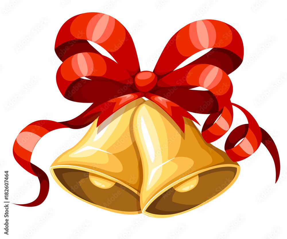 Golden Christmas bell with red ribbon and bow. Xmas decoration ...