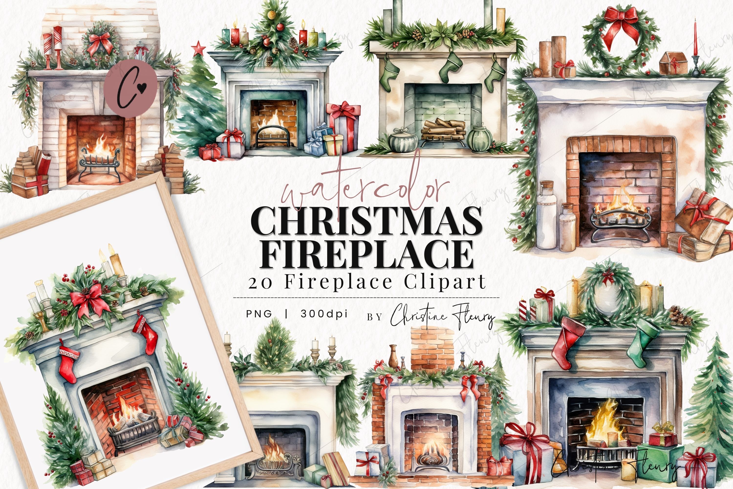 Watercolor Christmas Fireplace Clipart By Christine Fleury ...
