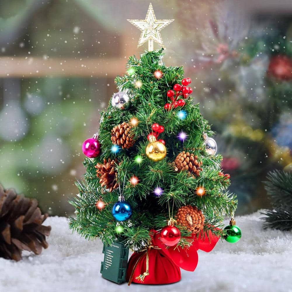 SYNCFUN Syncfun 24in. Prelit Tabletop Christmas Tree with Warm Lights,  Holly Berries, Pine Cones 30086 - The Home Depot