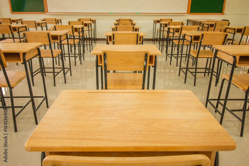 Lecture room or School empty classroom with desks and chair iron ...