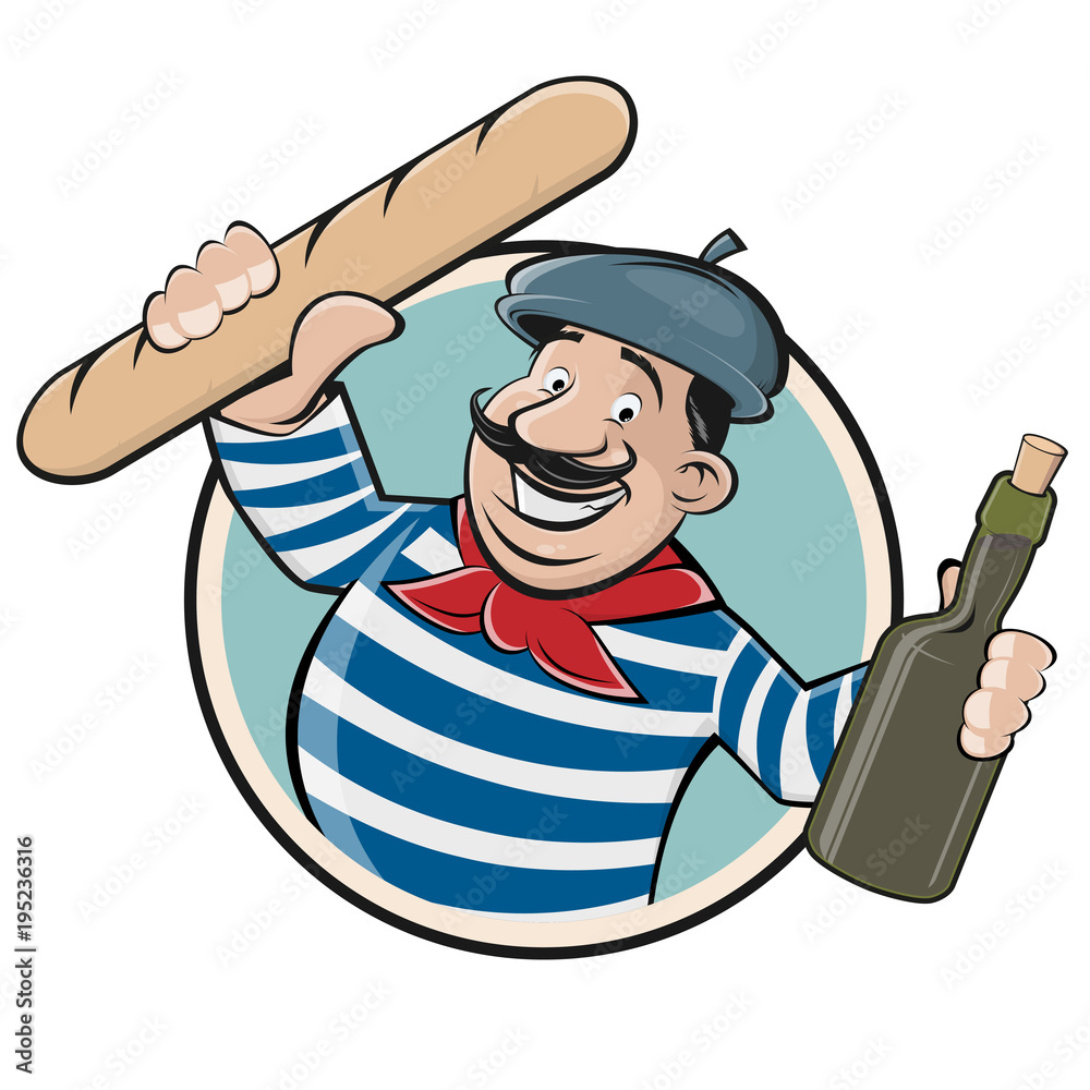 funny clipart of a french man with baguette and wine Stock ...