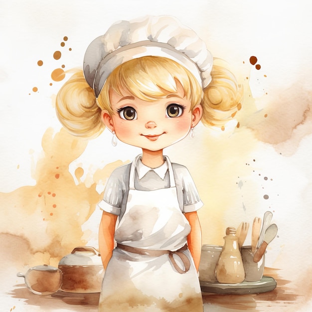 Whimsical Watercolor Delights Adorable Blonde Chef Girl in Clipart ...